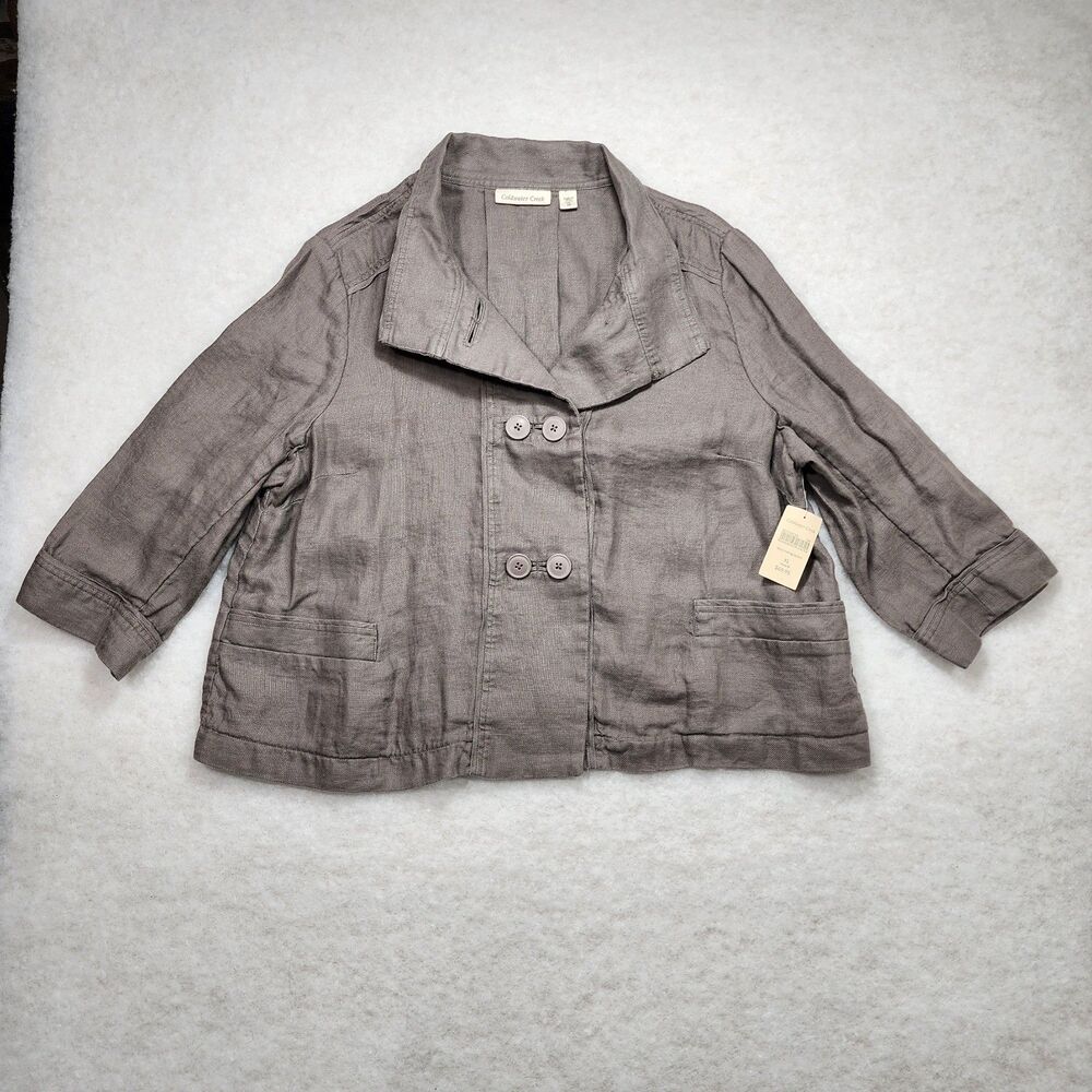 NWT Coldwater Creek Linen Blazer Jacket 3/4 Sleeve Pockets Sz XL Lagen Gray (327